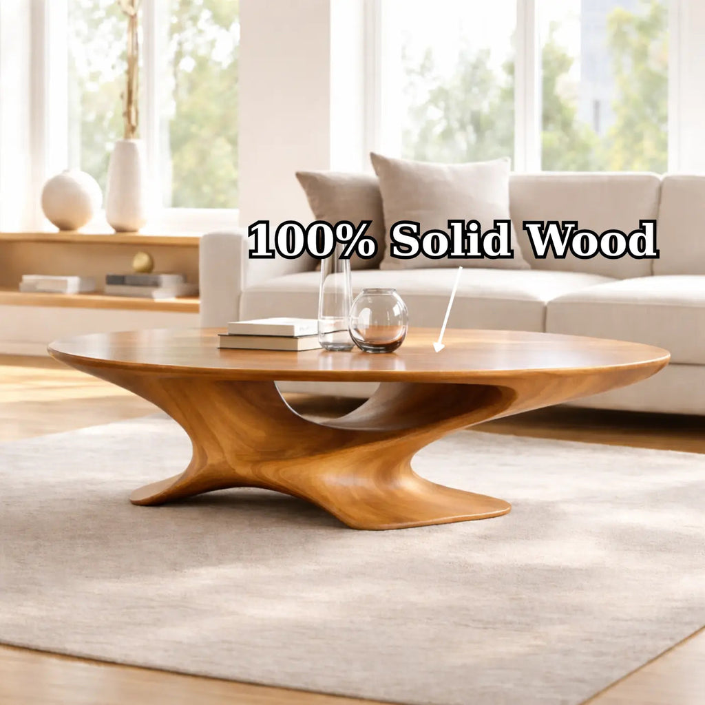 Modern Solid Wood Coffee Table with Sculptural Base and Round Wooden Living Room Table - view 9 of 9