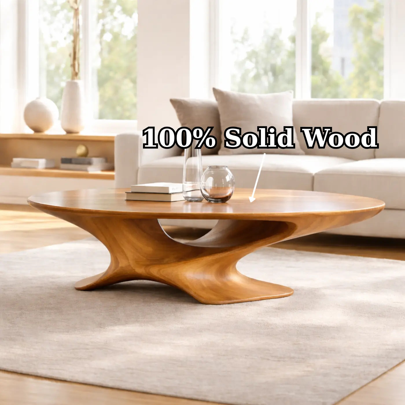 Modern Solid Wood Coffee Table with Sculptural Base and Round Wooden Living Room Table - view 9 of 9