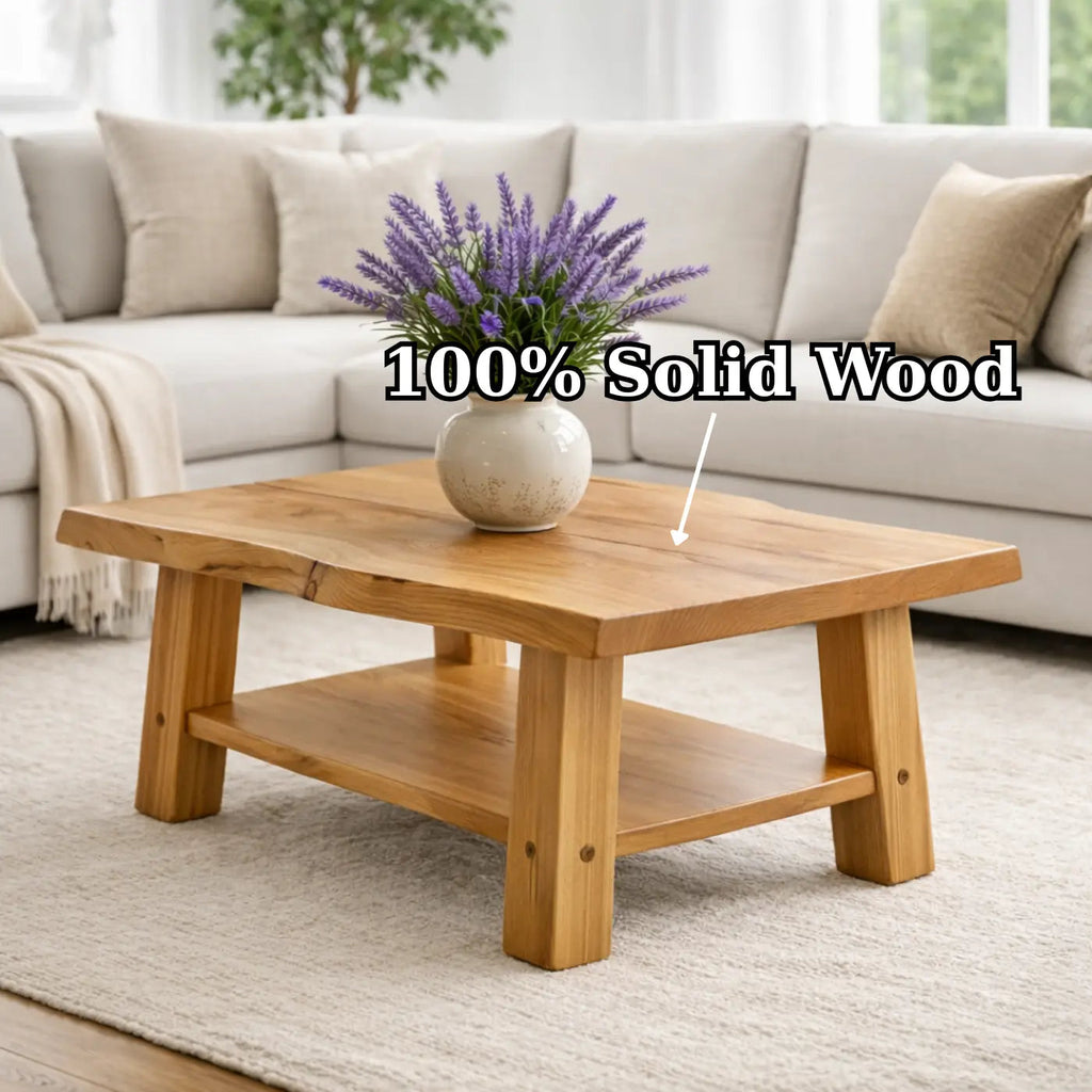 Solid Wood Coffee Table with Storage Shelf Rustic Wooden Living Room Table - view 9 of 9