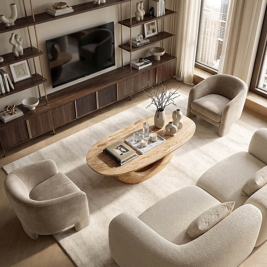 Sculptural Oval Coffee Table with Curved Base in Natural Wood - view 3 of 7