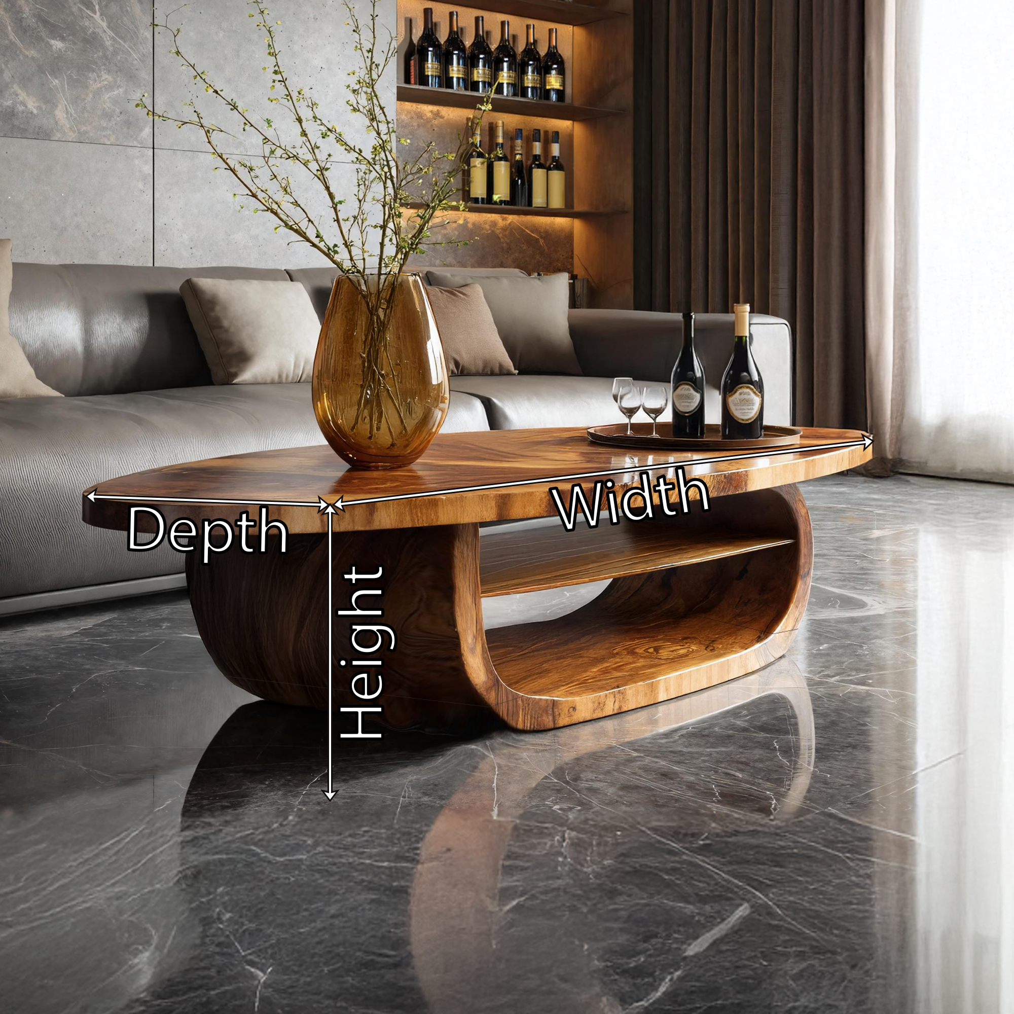 Organic Oval Coffee Table with Sculpted Loop Base and Shelf - view 4 of 7