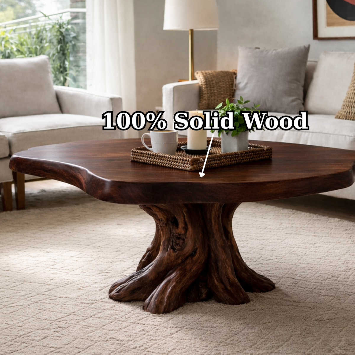 Solid Wood Round Coffee Table for Rustic Living Room with Tree Root Base - view 9 of 9