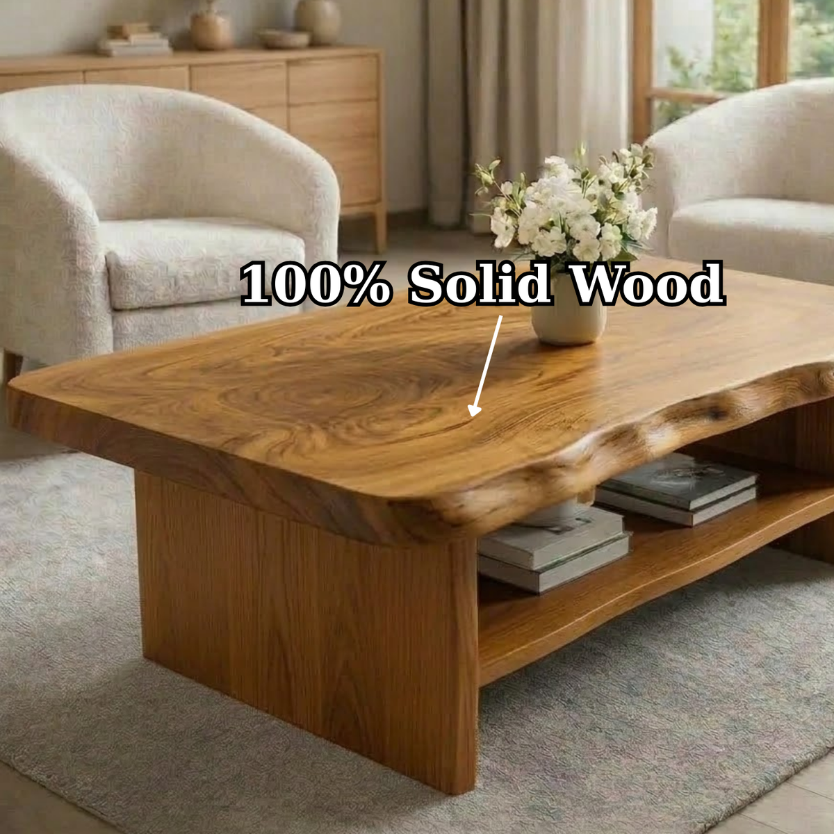 Solid Wood Coffee Table for Living Room with Live Edge Top and Storage Shelf - view 9 of 9