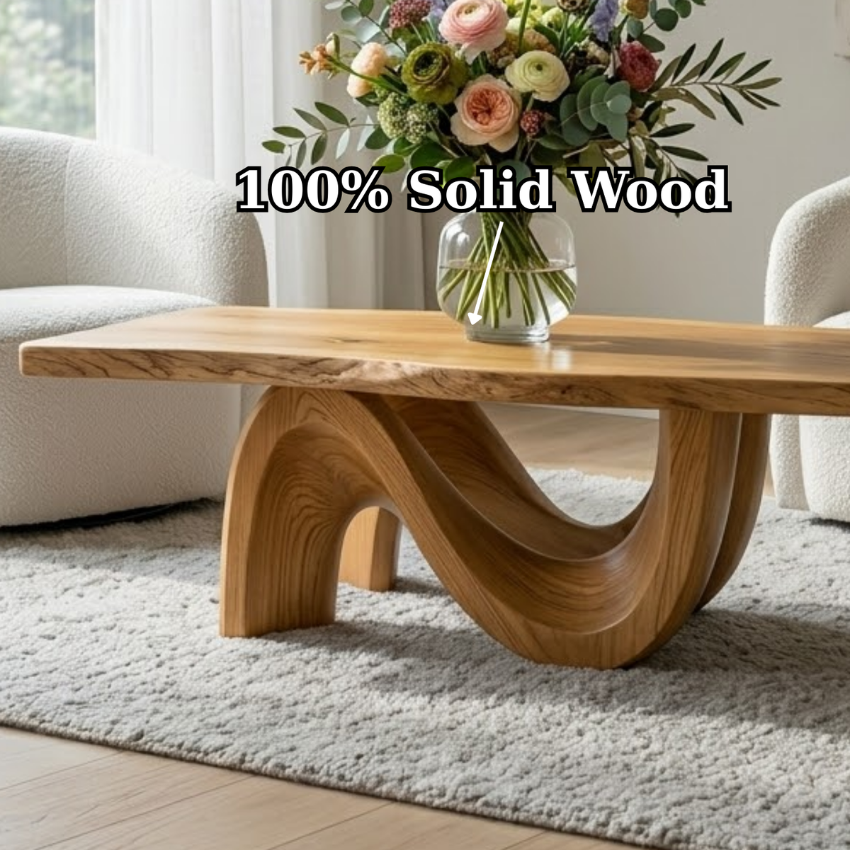 Solid Wood Coffee Table for Modern Living Room with Sculptural Curved Base - view 9 of 9