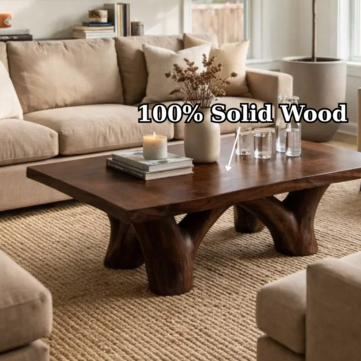 Solid Wood Rustic Coffee Table with Sculpted Base – Live Edge Living Room Coffee Table - view 9 of 9