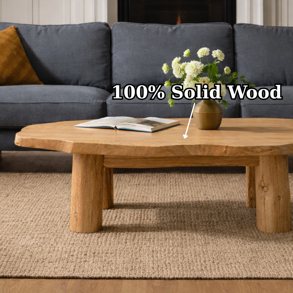 Solid Wood Round Coffee Table with Chunky Legs – Rustic Natural Wood Living Room Table - view 9 of 9