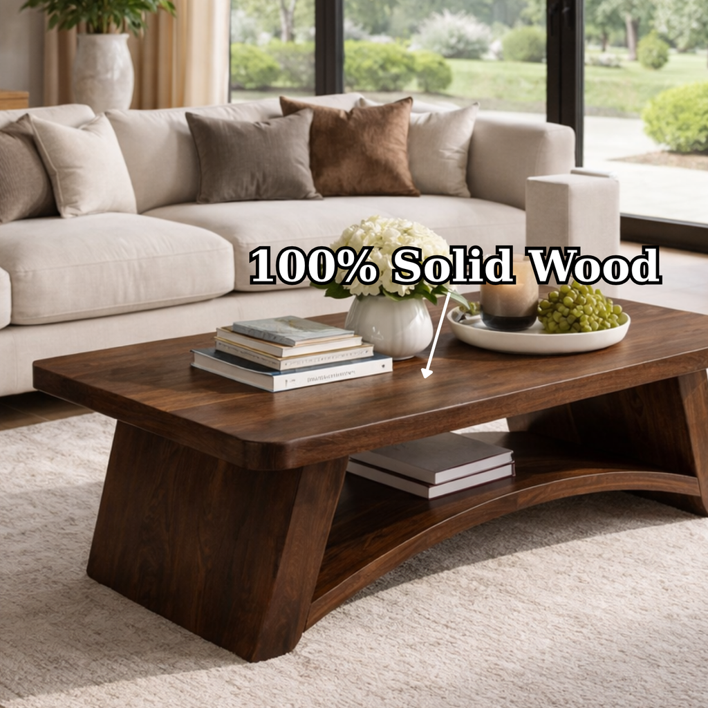 Solid Wood Coffee Table with Sculpted Base and Open Shelf – Rustic Modern Living Room Table - view 9 of 9