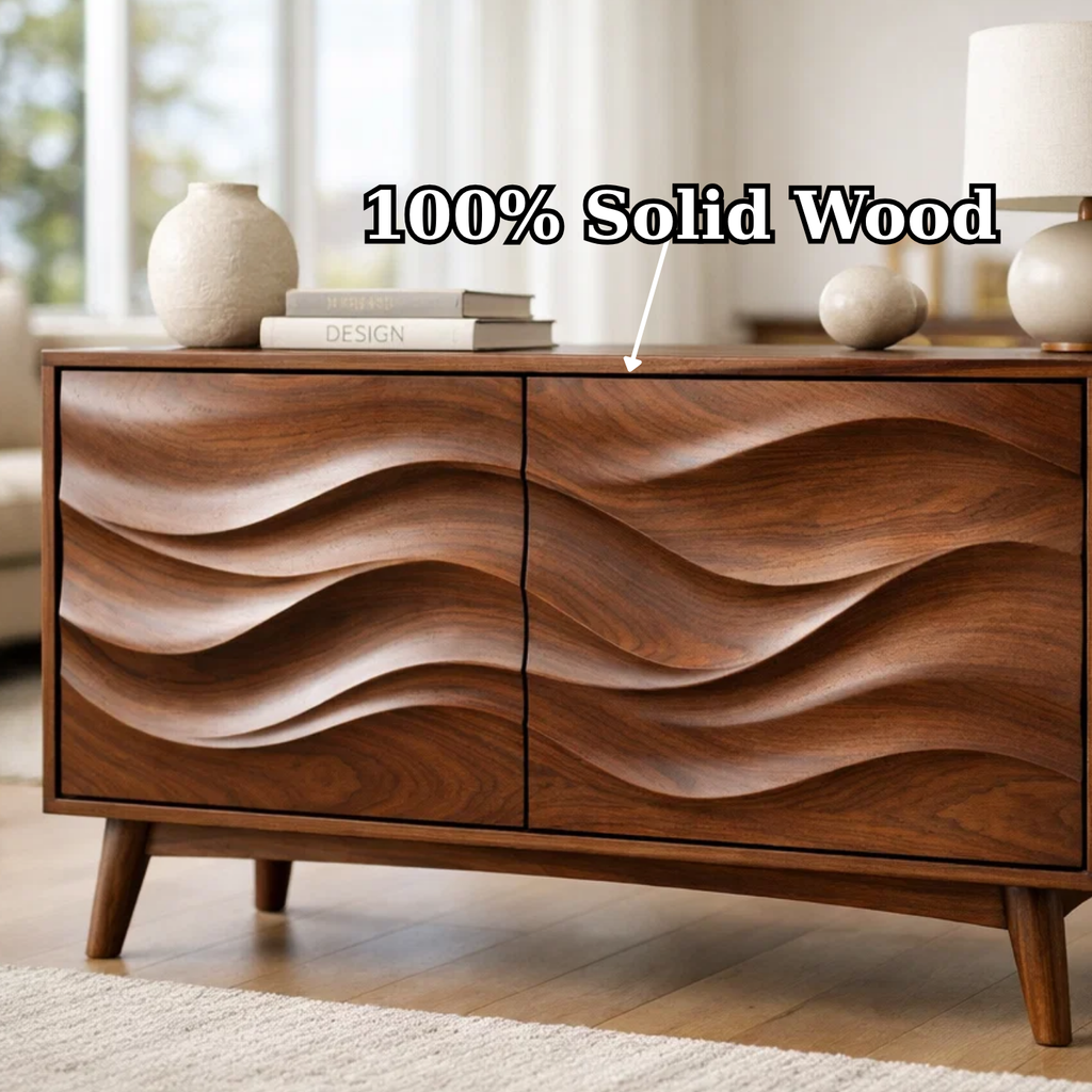 Solid Wood Console Table with Sculptural Wave Doors and Mid-Century Legs - view 9 of 9