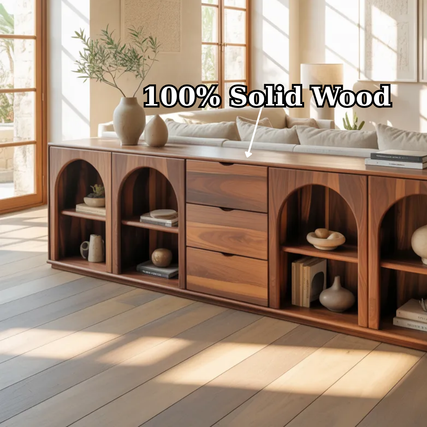 Solid Wood Console Table with Arched Shelves and Center Drawer Storage for Living Room - view 9 of 9
