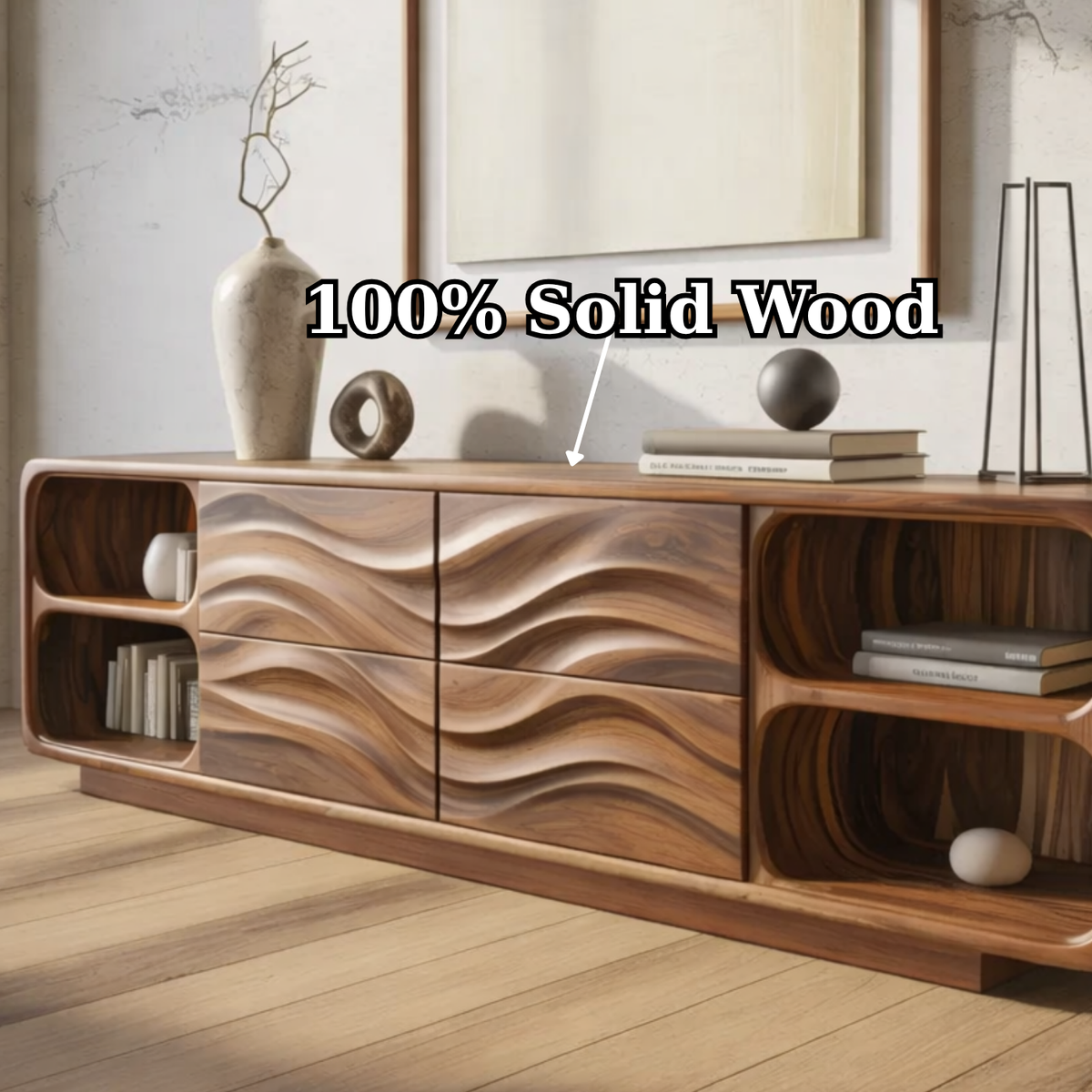 Solid Wood Console Table with Wave Carved Drawers and Open Shelf Design - view 9 of 9