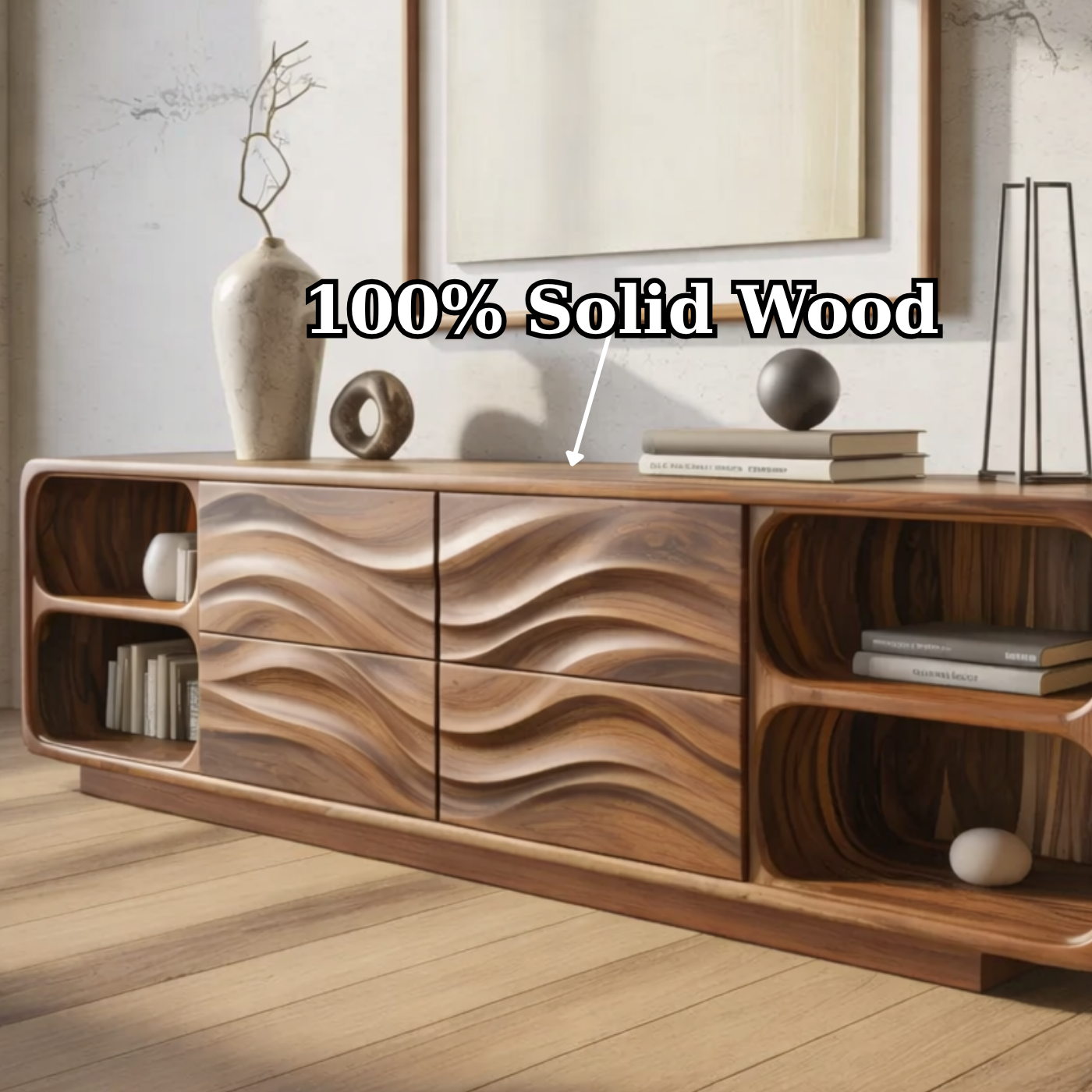 Solid Wood Console Table with Wave Carved Drawers and Open Shelf Design - view 9 of 9