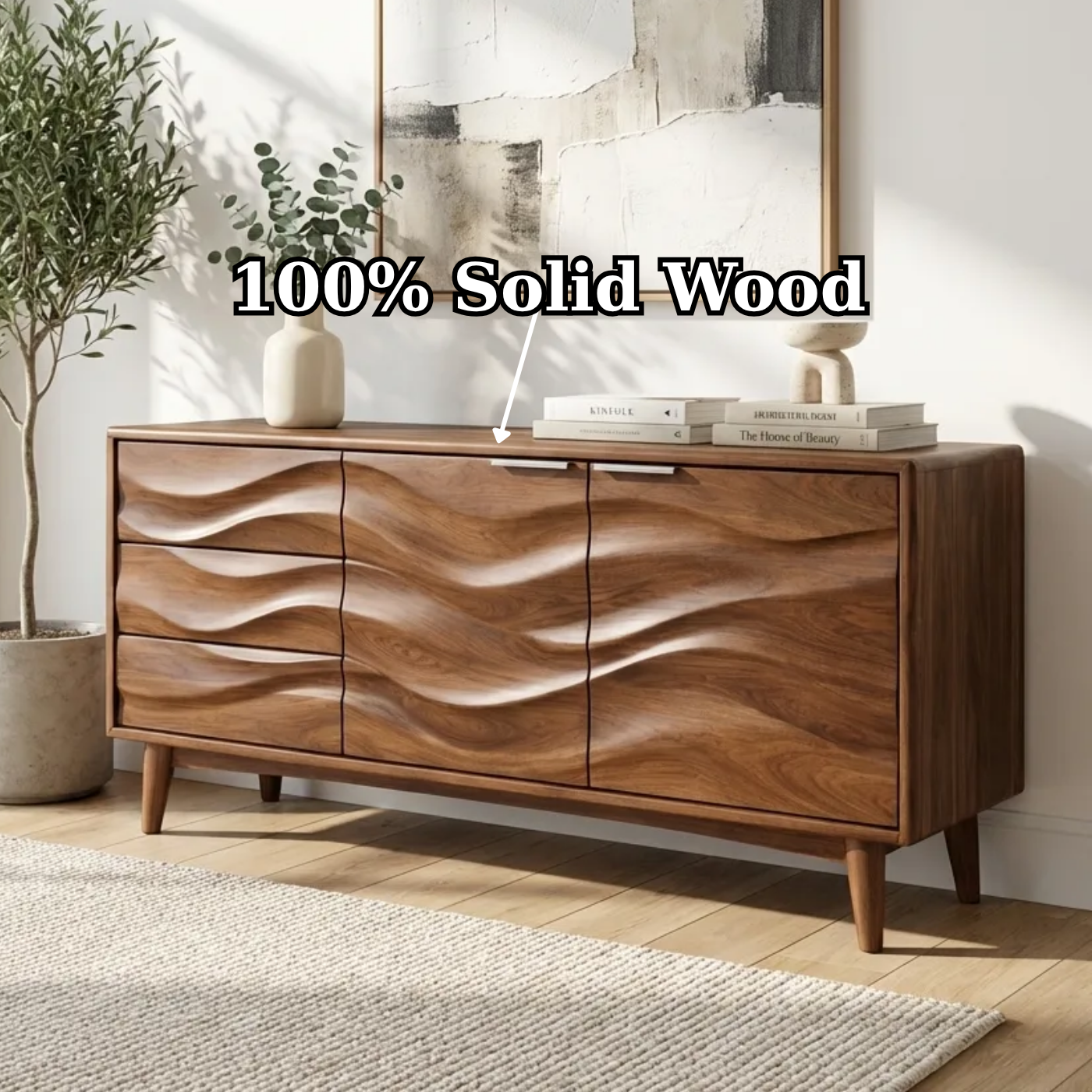 Solid Wood Console Table with Sculptural Wave Front Doors and Modern Storage Design - view 9 of 9