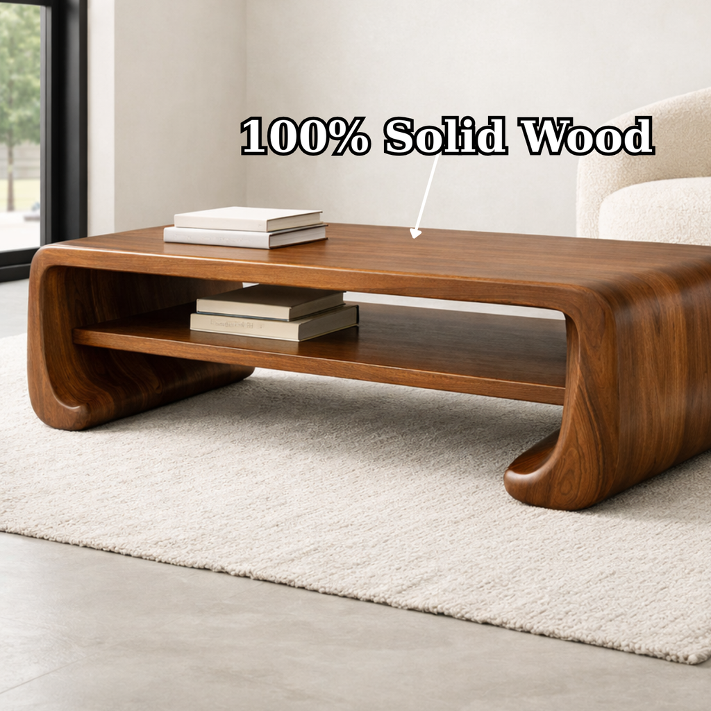 Handcrafted Solid Wood Sculptural Coffee Table with Open Shelf - view 9 of 9