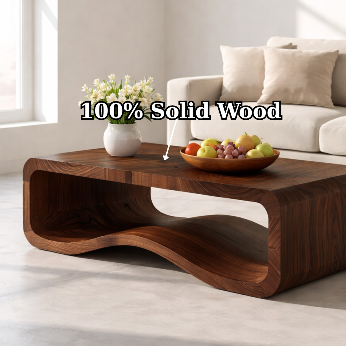 Solid Wood Sculptural Coffee Table with Open Curved Shelf - view 9 of 9