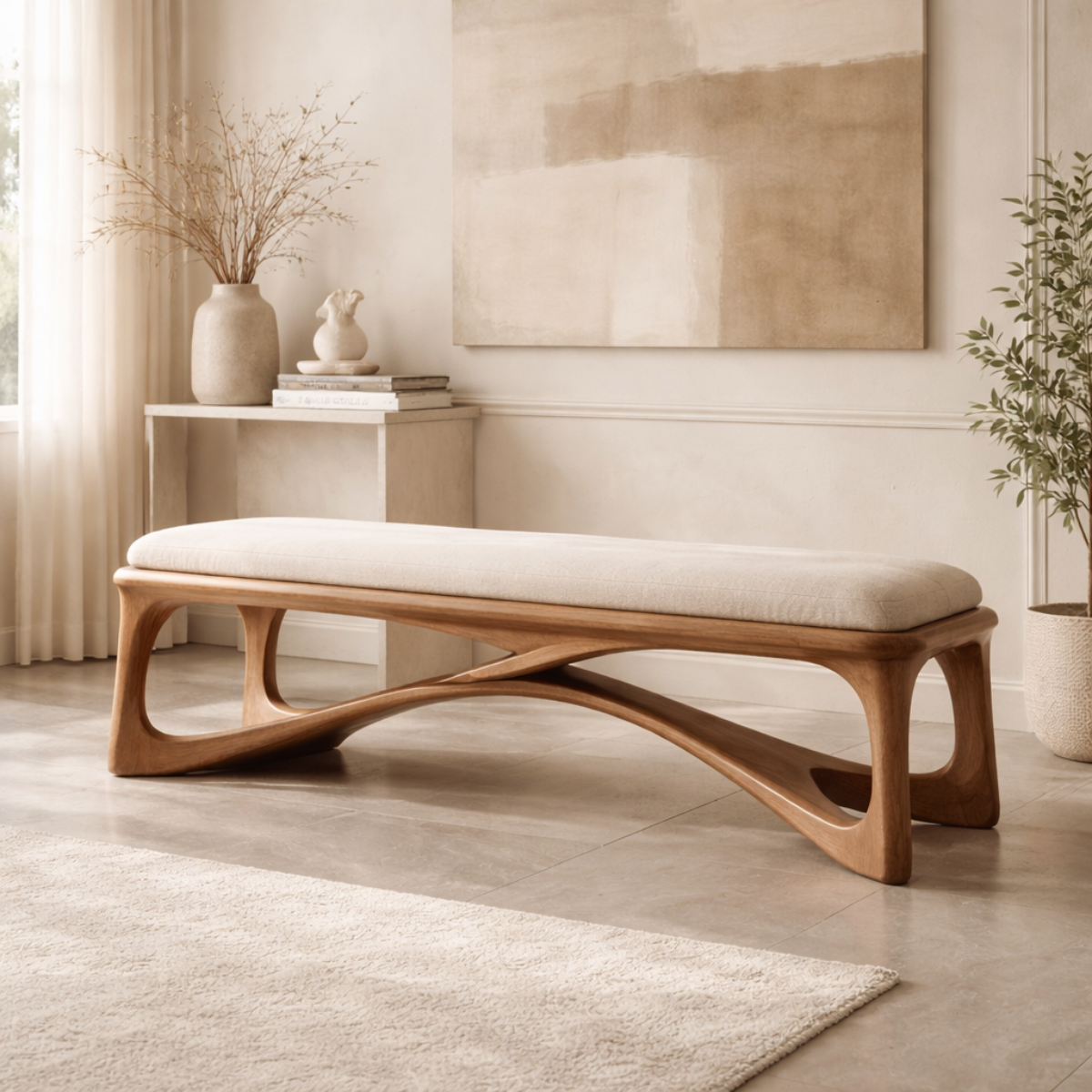 Modern Upholstered Wooden Entryway Bench, Sculptural Hallway Seating for Luxury Homes - view 2 of 7