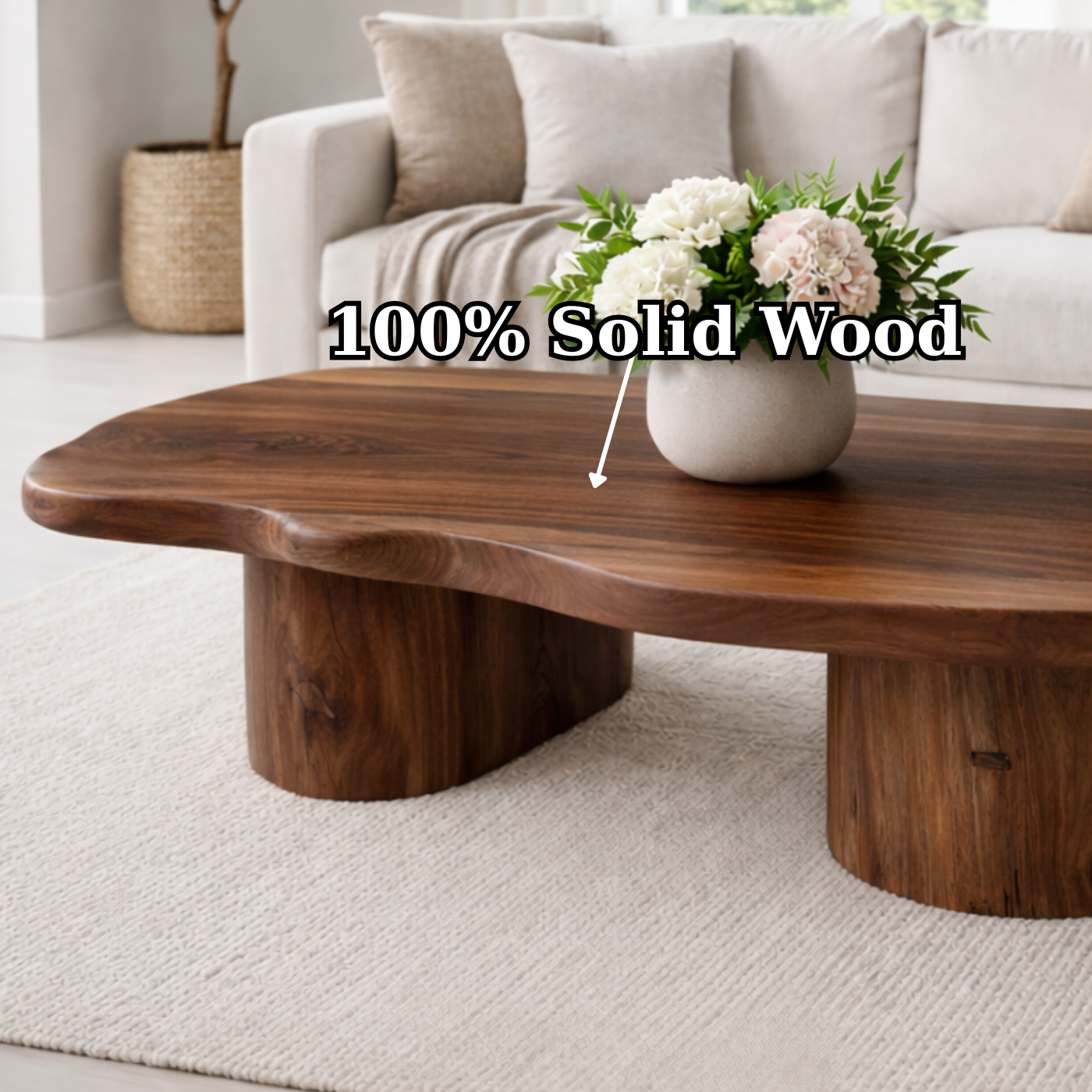 Solid Wood Coffee Table with Organic Shape & Dual Pedestal Base – Modern Rustic Design - view 9 of 9