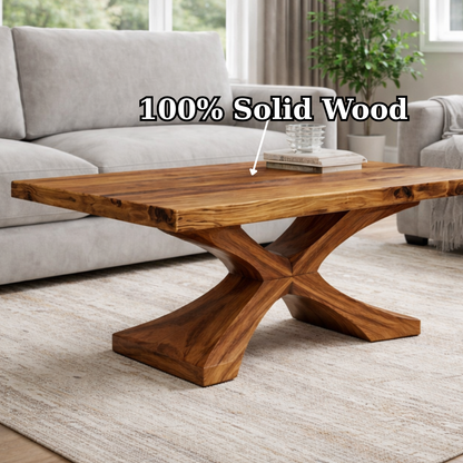 Solid Wood Coffee Table with Sculptural X Base – Modern Rustic Living Room Table - view 9 of 9