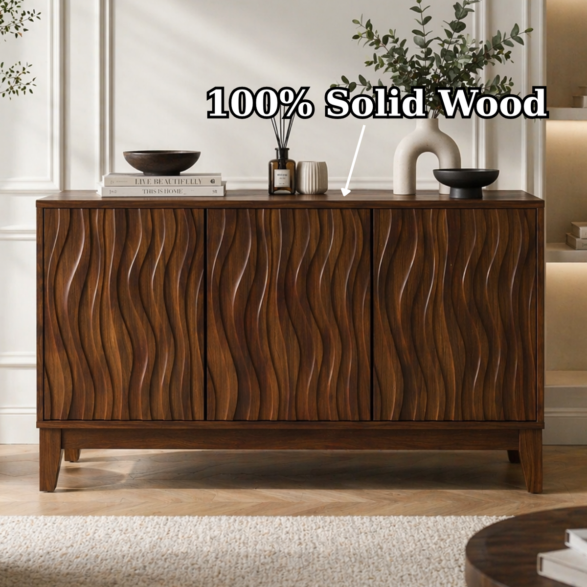 Solid Wood Fluted Console Sideboard – Modern Walnut Storage Cabinet - view 9 of 9