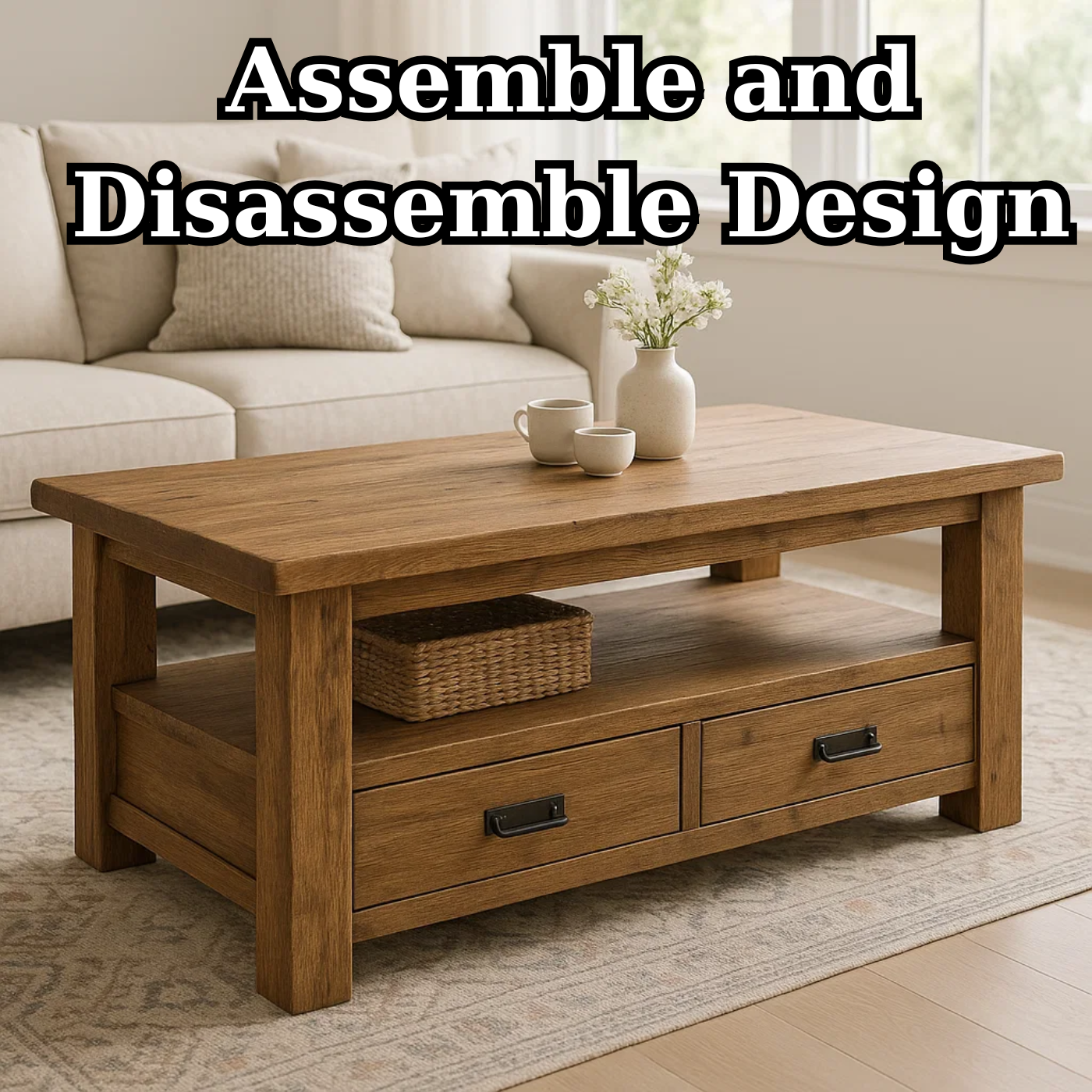 Handcrafted Solid Wood Coffee Table – Rustic Farmhouse Storage with Two Drawers and Shelf - view 5 of 6