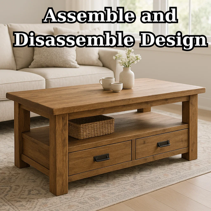 Handcrafted Solid Wood Coffee Table – Rustic Farmhouse Storage with Two Drawers and Shelf - view 5 of 6