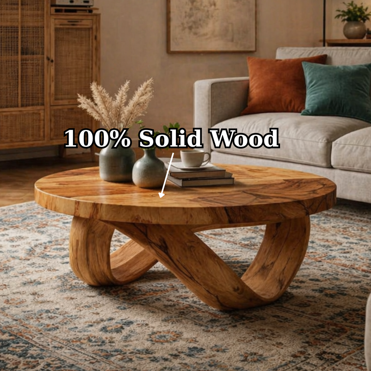 Round Solid Wood Coffee Table with Sculptural Curved Base in Warm Walnut Tone - view 9 of 9