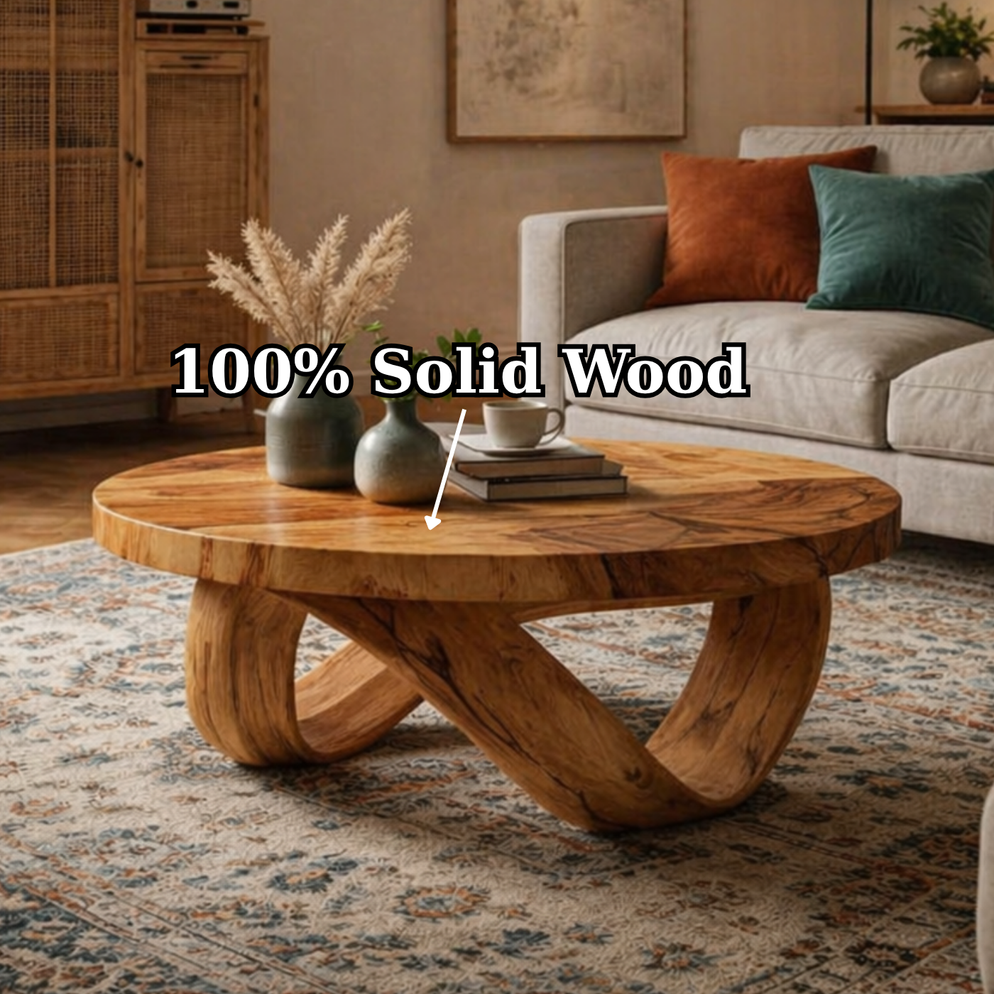 Round Solid Wood Coffee Table with Sculptural Curved Base in Warm Walnut Tone - view 9 of 9