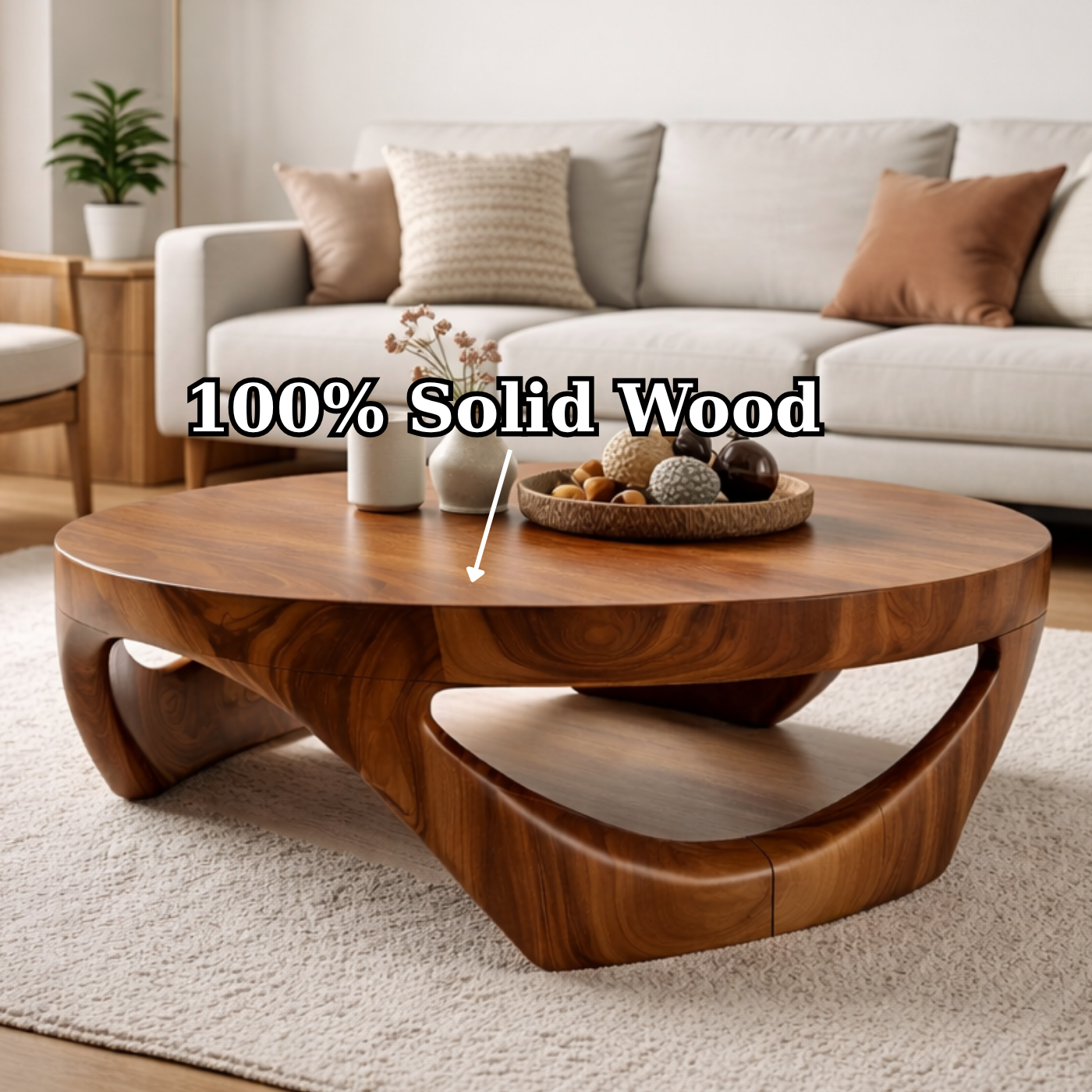 Round Solid Wood Coffee Table with Sculptural Base in Deep Walnut Finish - view 9 of 9