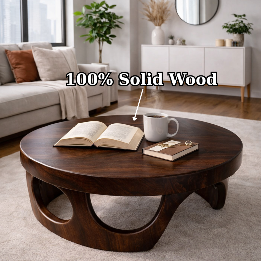Round Solid Wood Coffee Table with Sculptural Base and Rich Walnut Finish - view 9 of 9