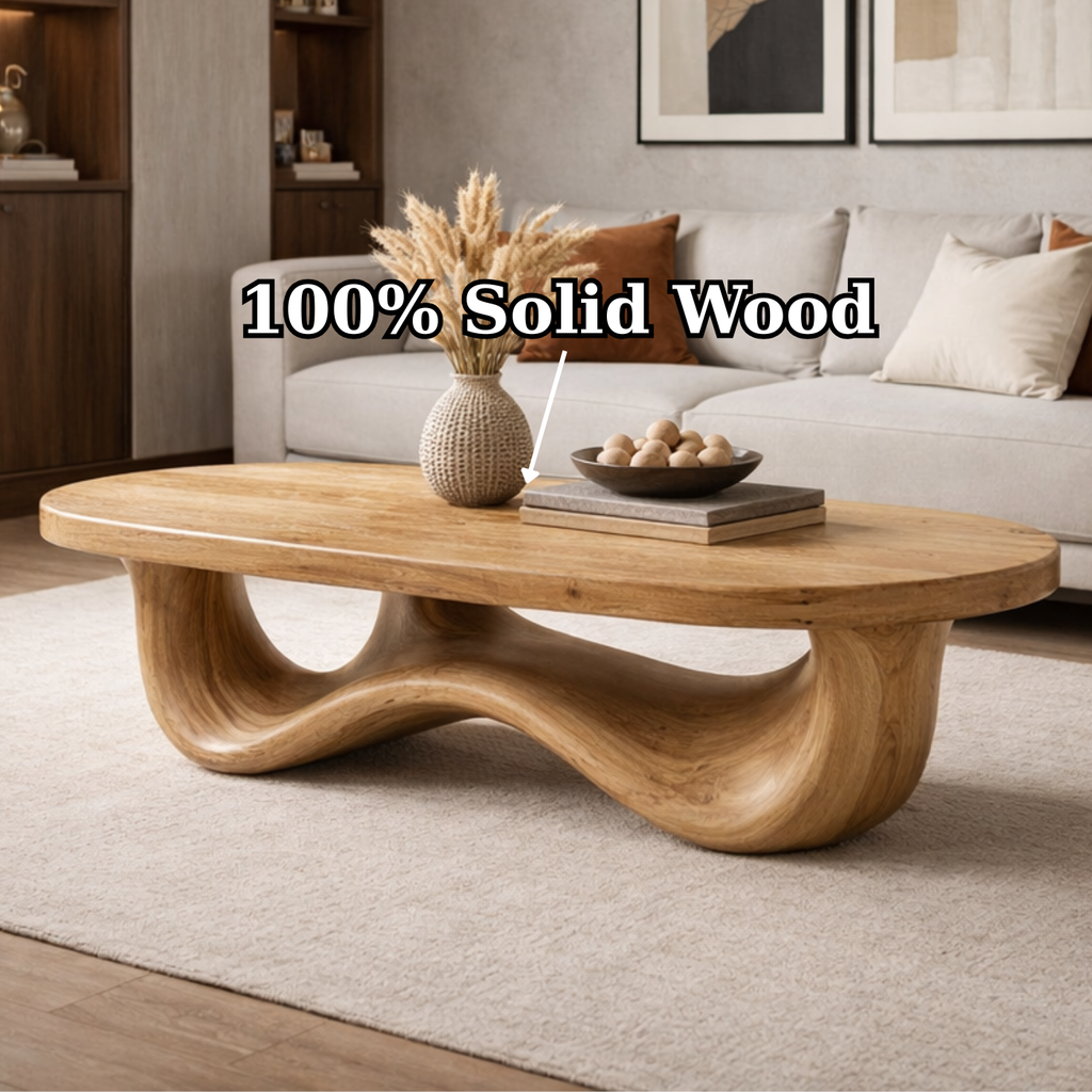 Solid Wood Oval Coffee Table with Sculptural Wave Base and Rustic Walnut Finish - view 9 of 9