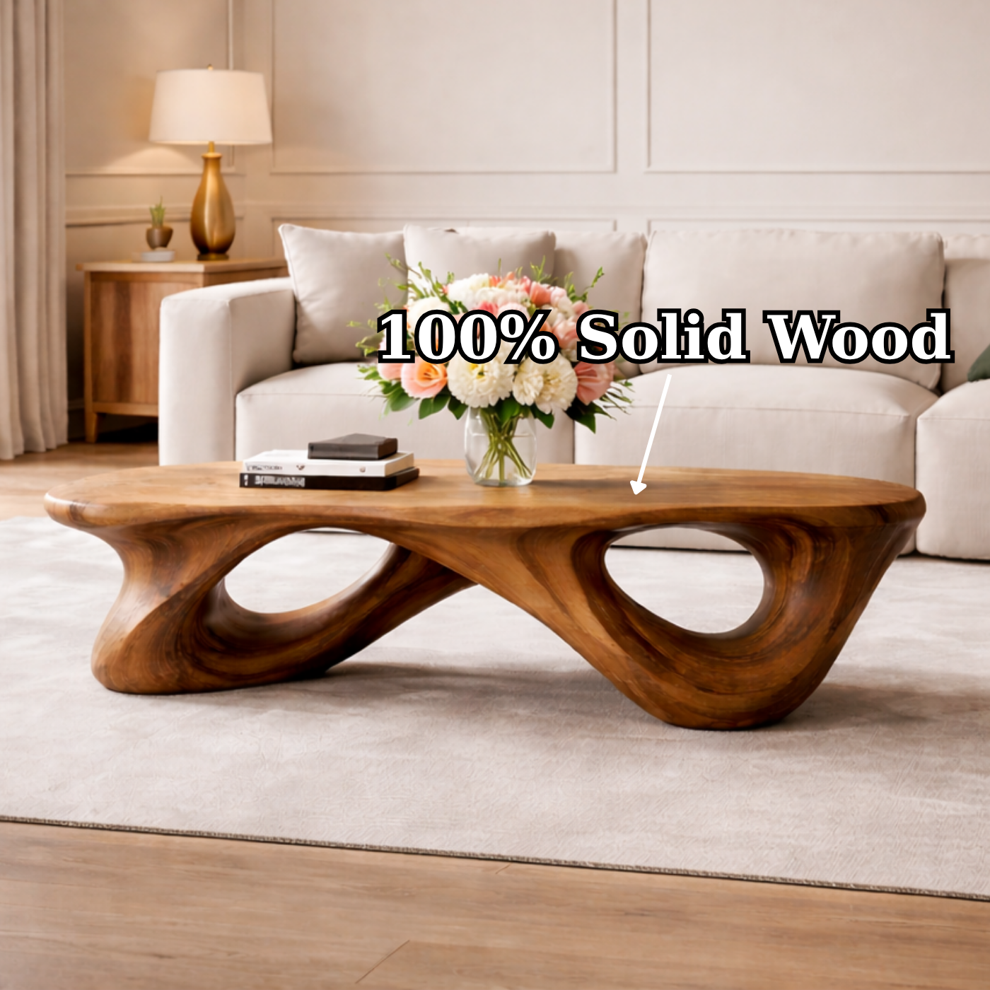Handcrafted Solid Wood Coffee Table with Sculptural Open Loop Base - view 9 of 9