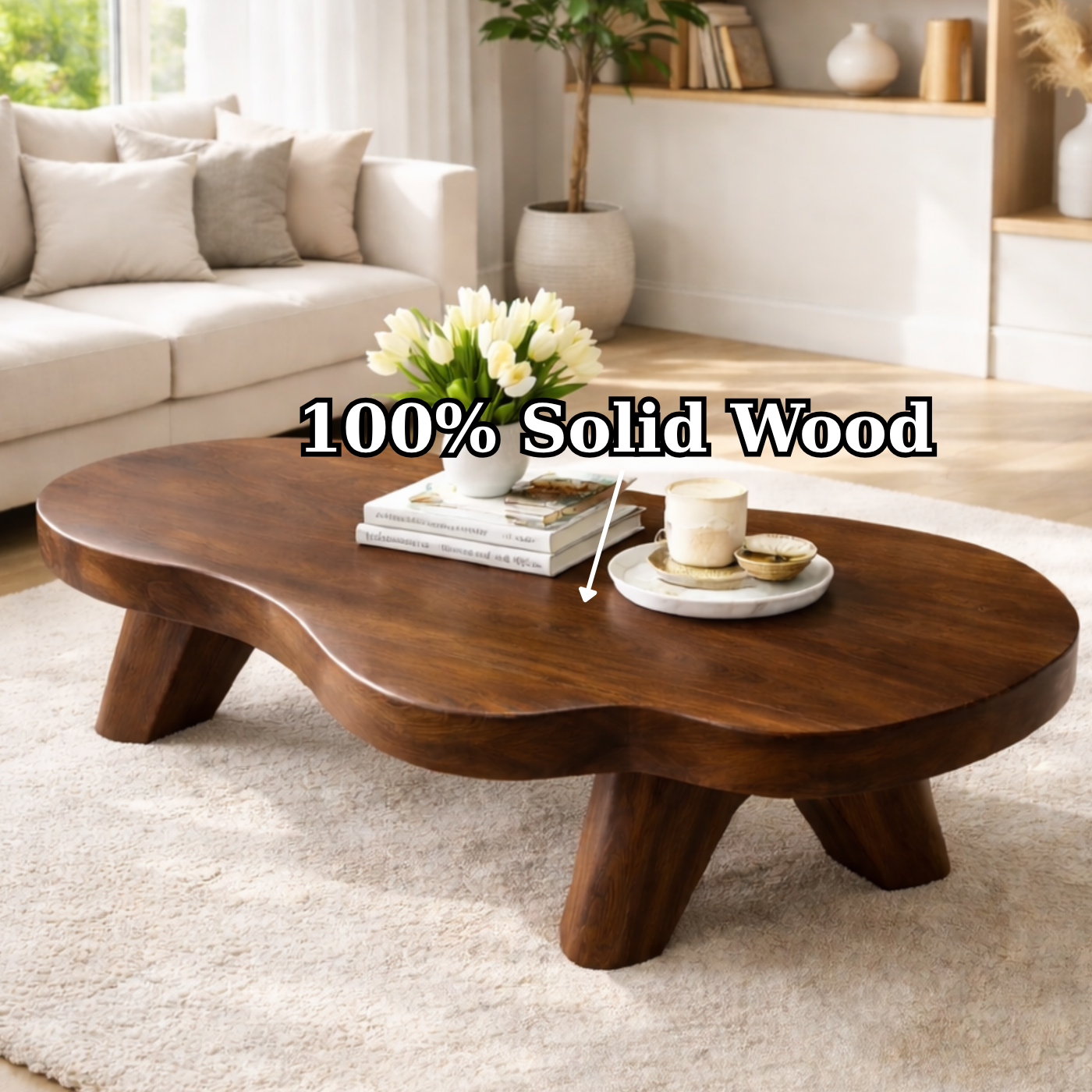 Organic Solid Wood Coffee Table with Sculpted Base and Smooth Curved Top - view 9 of 9
