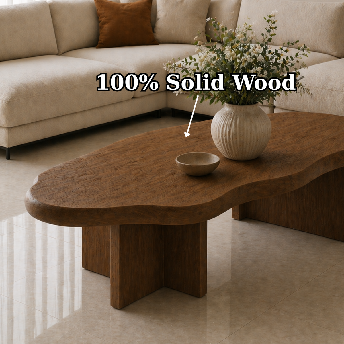Solid Wood Coffee Table with Organic Shape and Thick Block Base - view 9 of 9