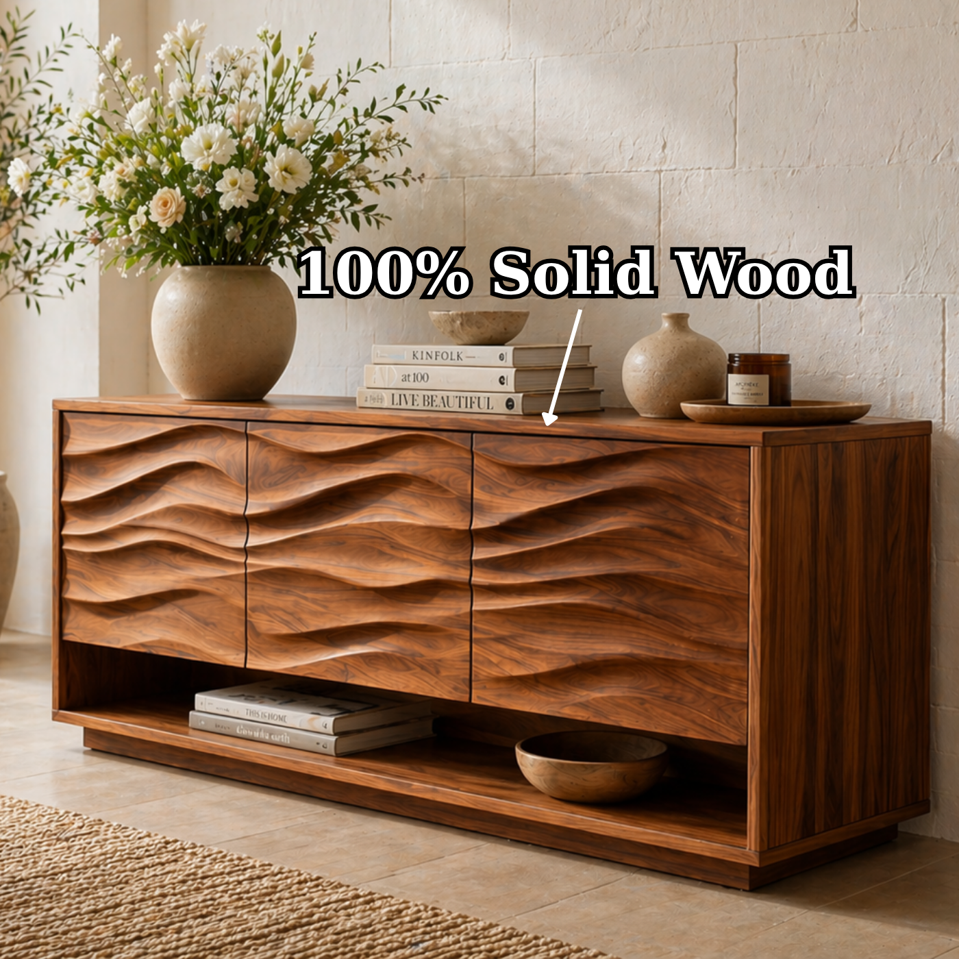 Solid Wood Console Table with Wave Carved Doors and Open Shelf in Walnut Finish - view 9 of 9