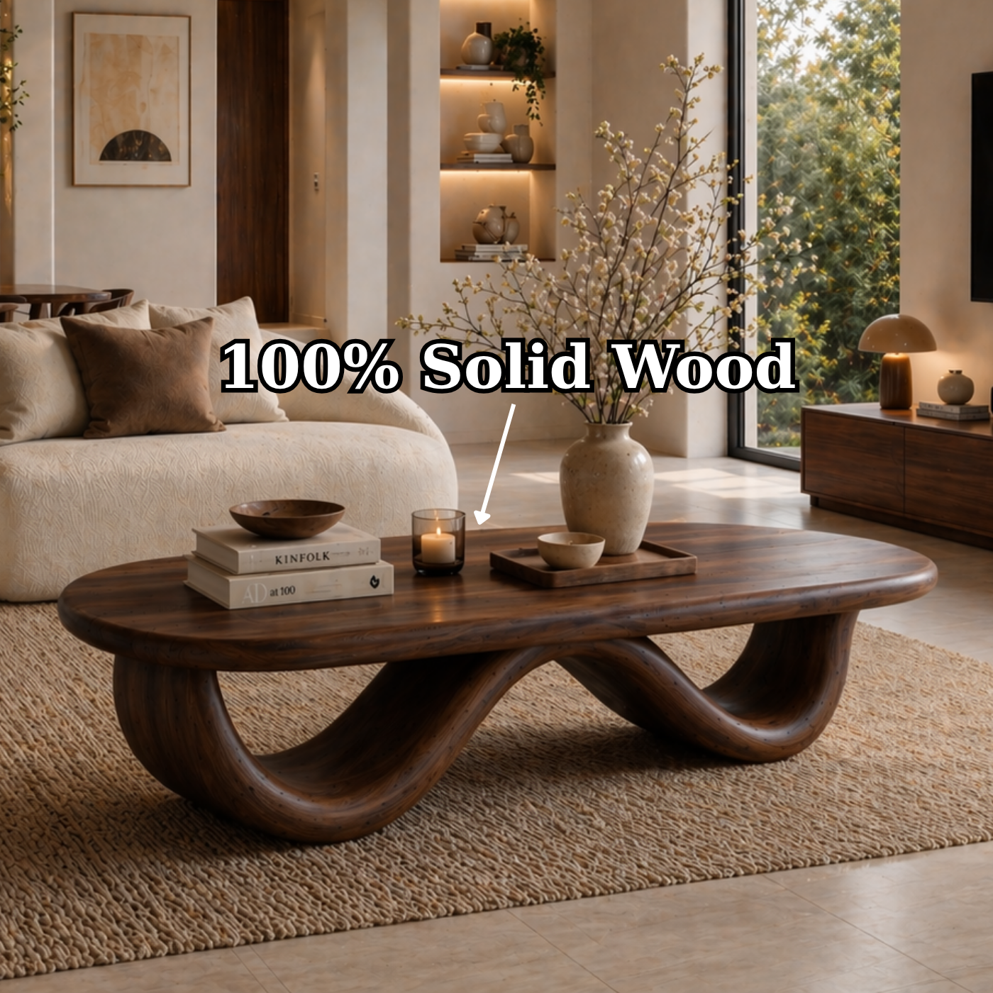 Solid Wood Coffee Table with Curved Sculptural Base and Organic Top - view 9 of 9