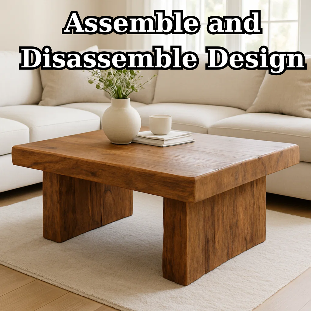 Handcrafted Solid Wood Coffee Table – Rustic Block Base Design for Living Room - view 5 of 6