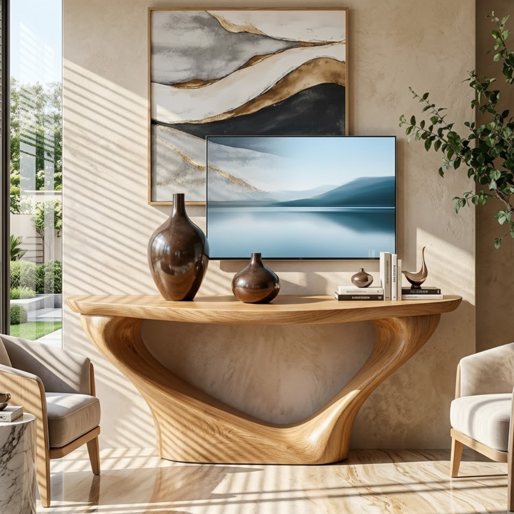 Solid Wood Console Table with Sculptural Curved Base, Modern Artistic Design - view 1 of 7