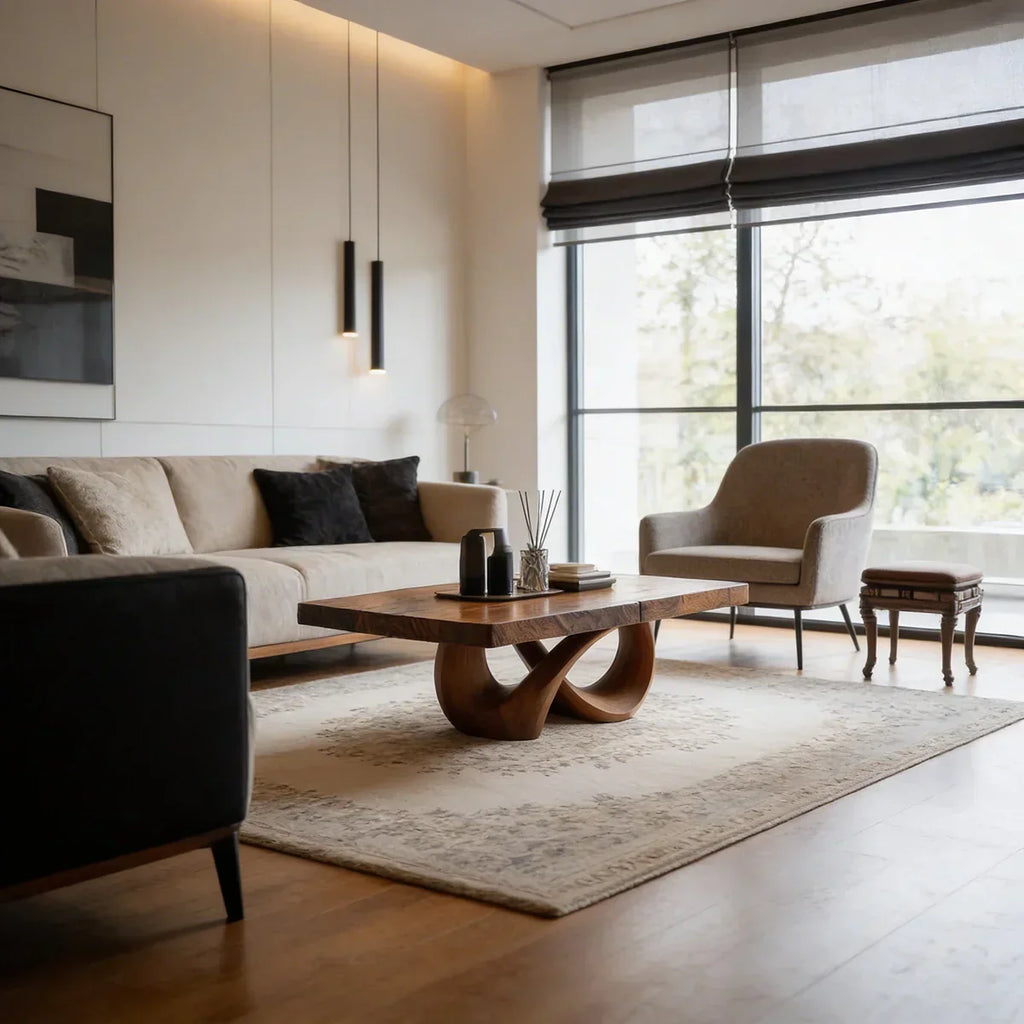 Natural Wood Coffee Table with Interlocking Sculptural Base - view 3 of 7