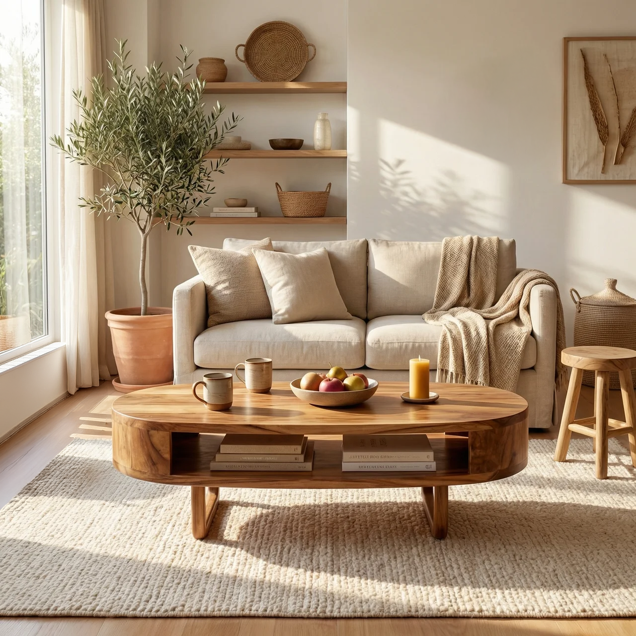 Solid Wood Oval Coffee Table with Shelf  Modern Natural Wood Living Room Table - view 2 of 6