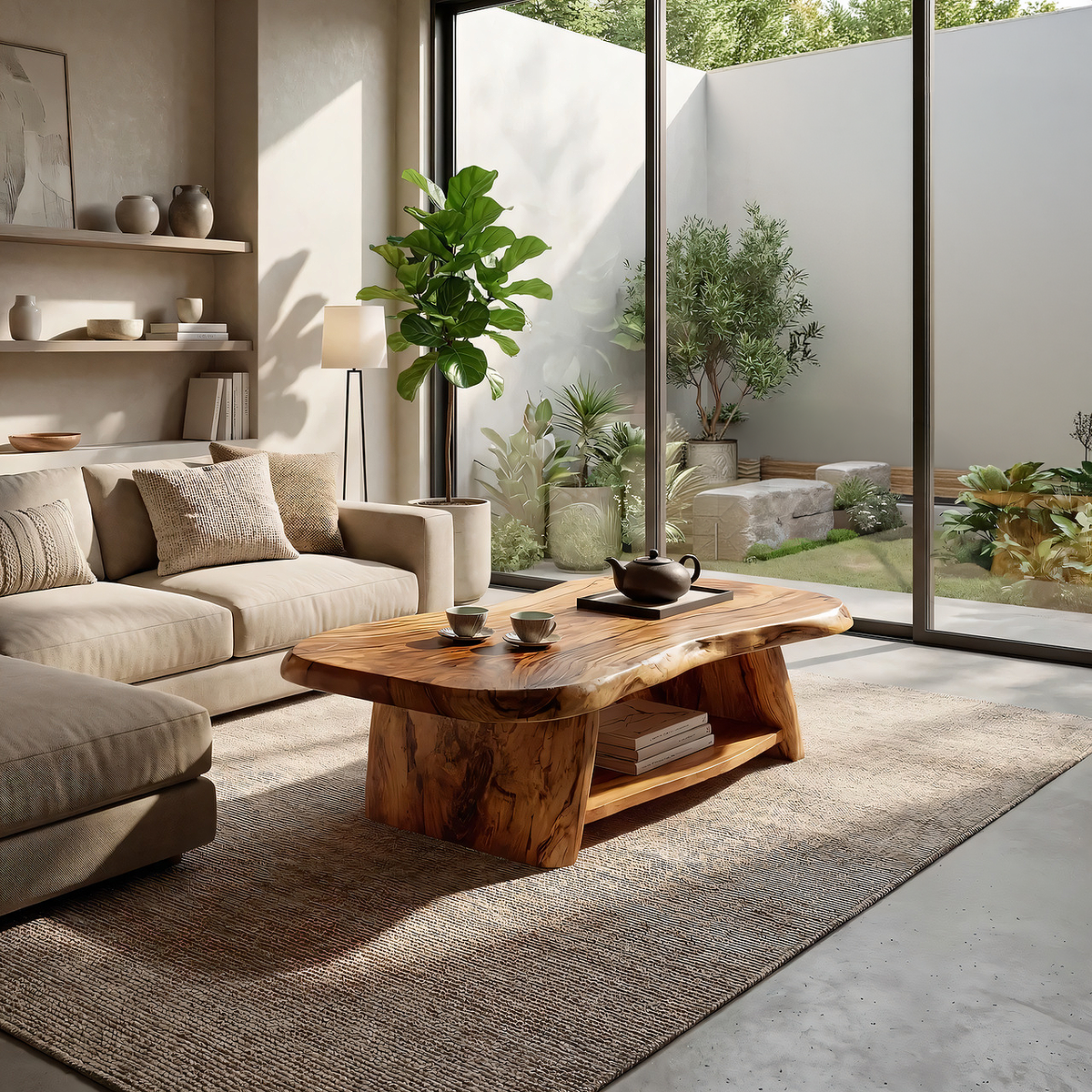 Live Edge Solid Wood Coffee Table Organic Shape Natural Wood Tea Table with Shelf - view 5 of 7