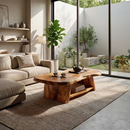 Live Edge Solid Wood Coffee Table Organic Shape Natural Wood Tea Table with Shelf - view 5 of 7