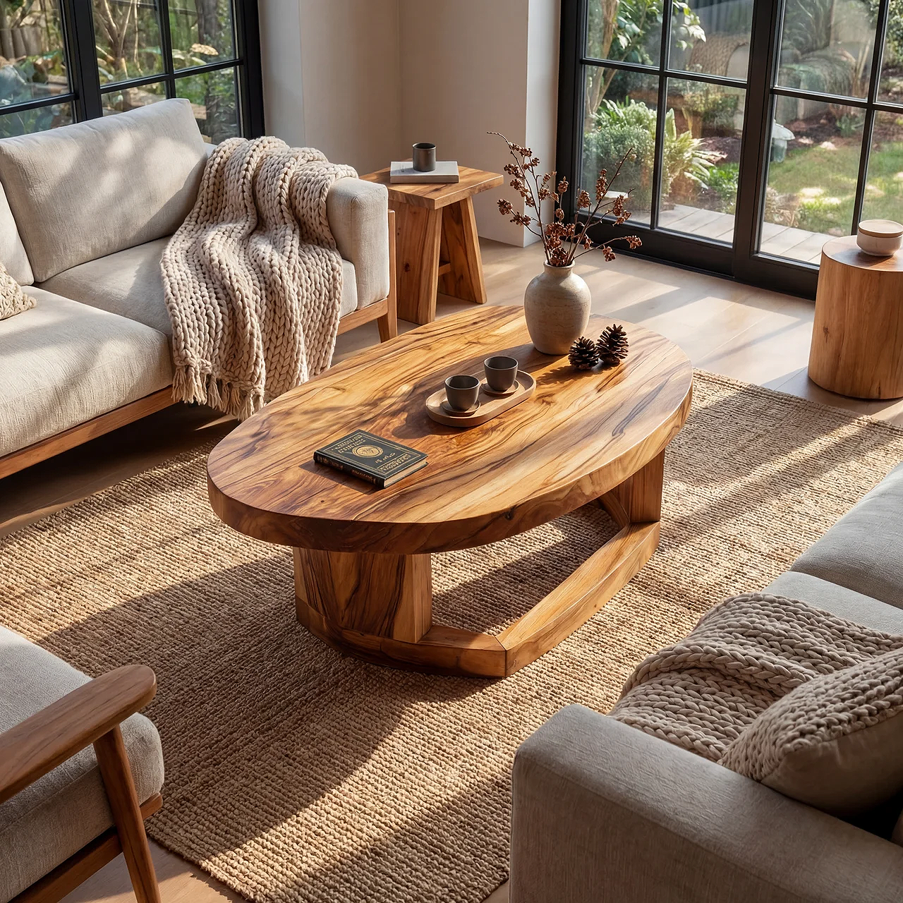 Solid Wood Oval Coffee Table handcrafted Natural Wood Living Room Table with Sculptural Base - view 2 of 7
