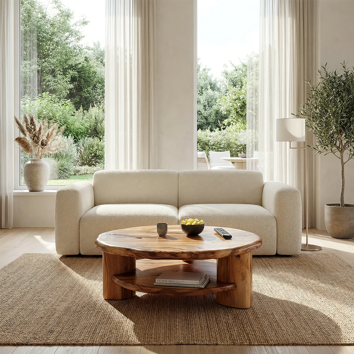 Round Solid Wood Coffee Table with Shelf Handcrafted Natural Wood Living Room Table - view 5 of 7