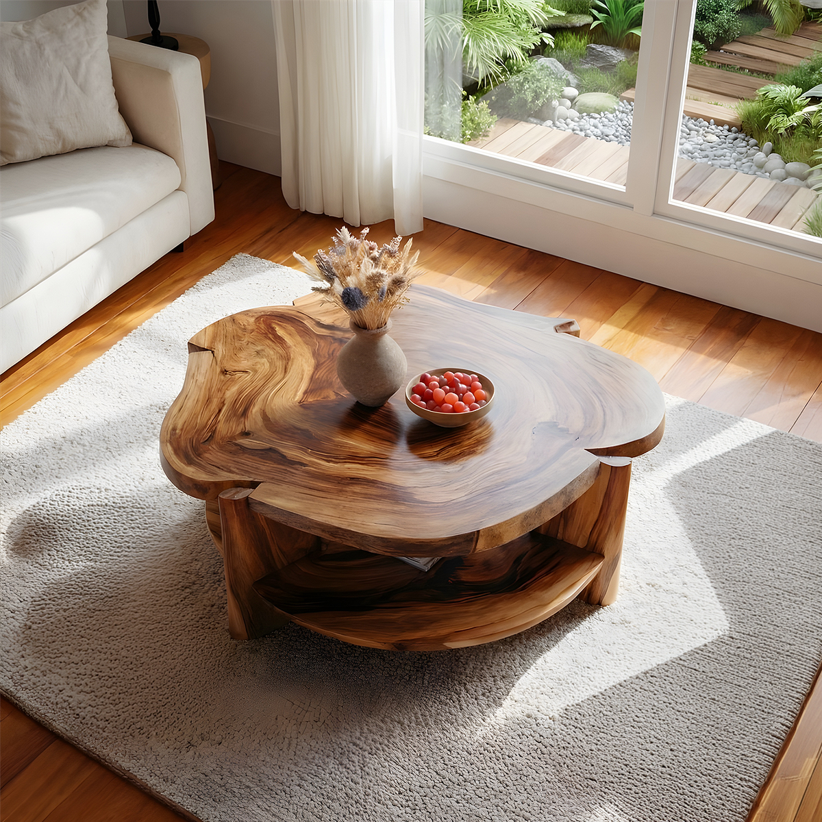 Live Edge Round Solid Wood Coffee Table Natural Wood Center Table with Shelf - view 2 of 7