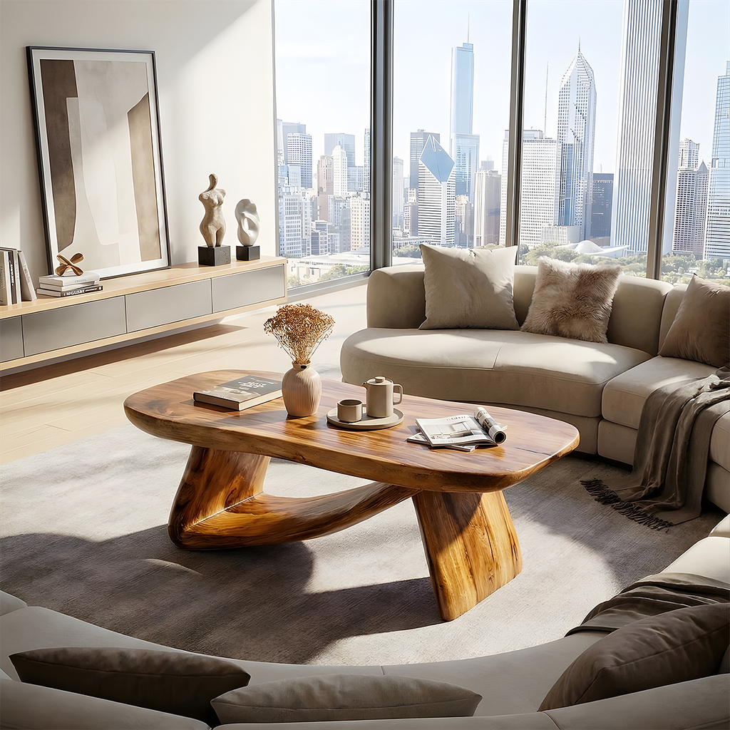 Sculptural Solid Wood Coffee Table Handcrafted Natural Wood Modern Center Table - view 5 of 7