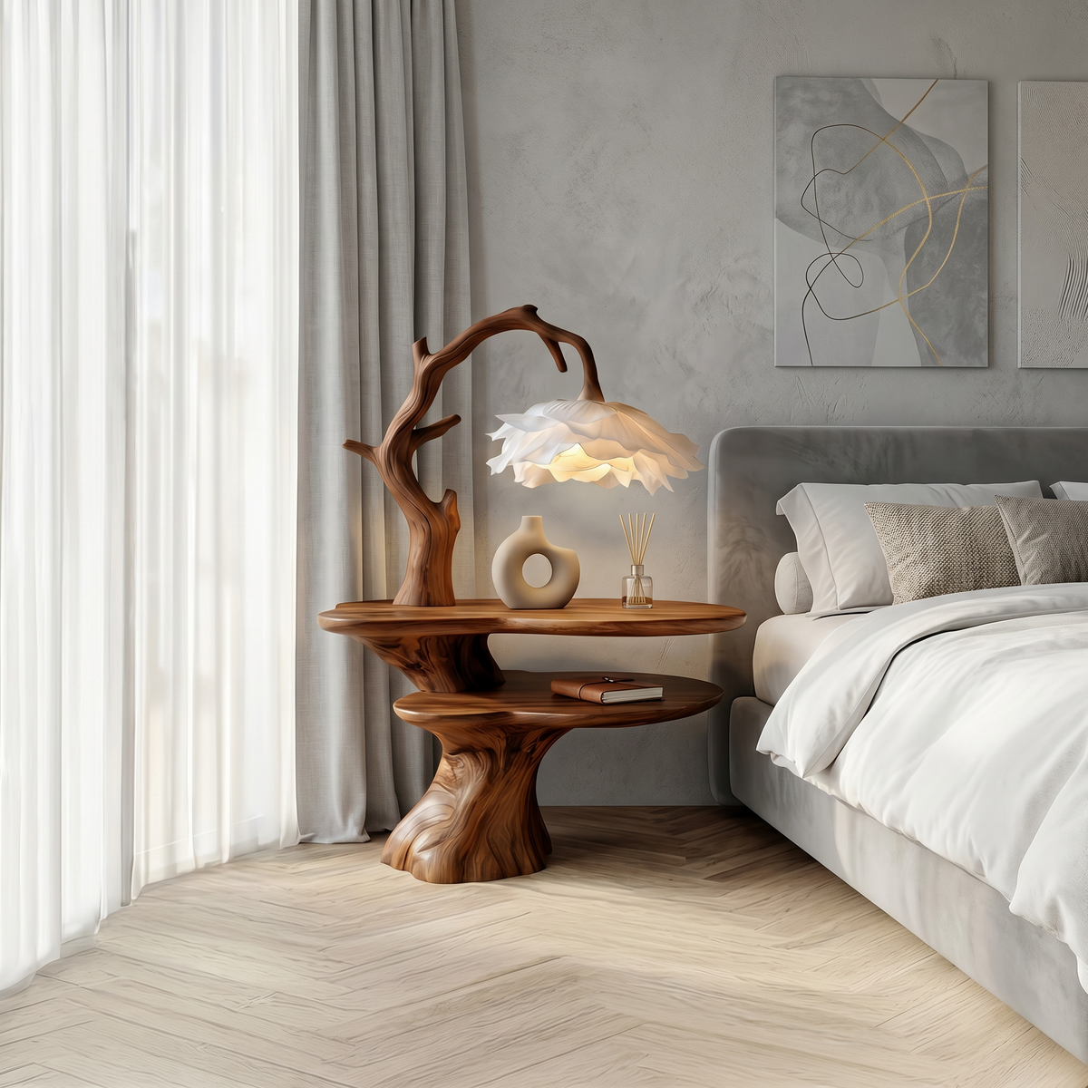 Natural Bedside Table With Floral Lamp And Tree Branch Form For Bedroom And Guest Room - view 6 of 8