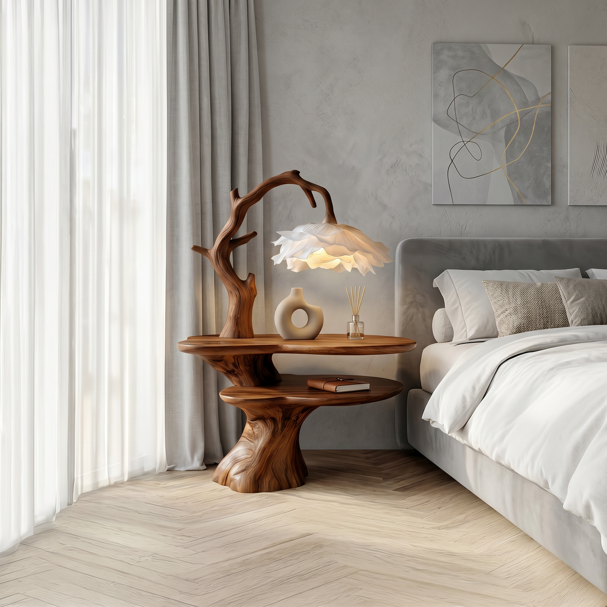 Natural Bedside Table With Floral Lamp And Tree Branch Form For Bedroom And Guest Room - view 6 of 8