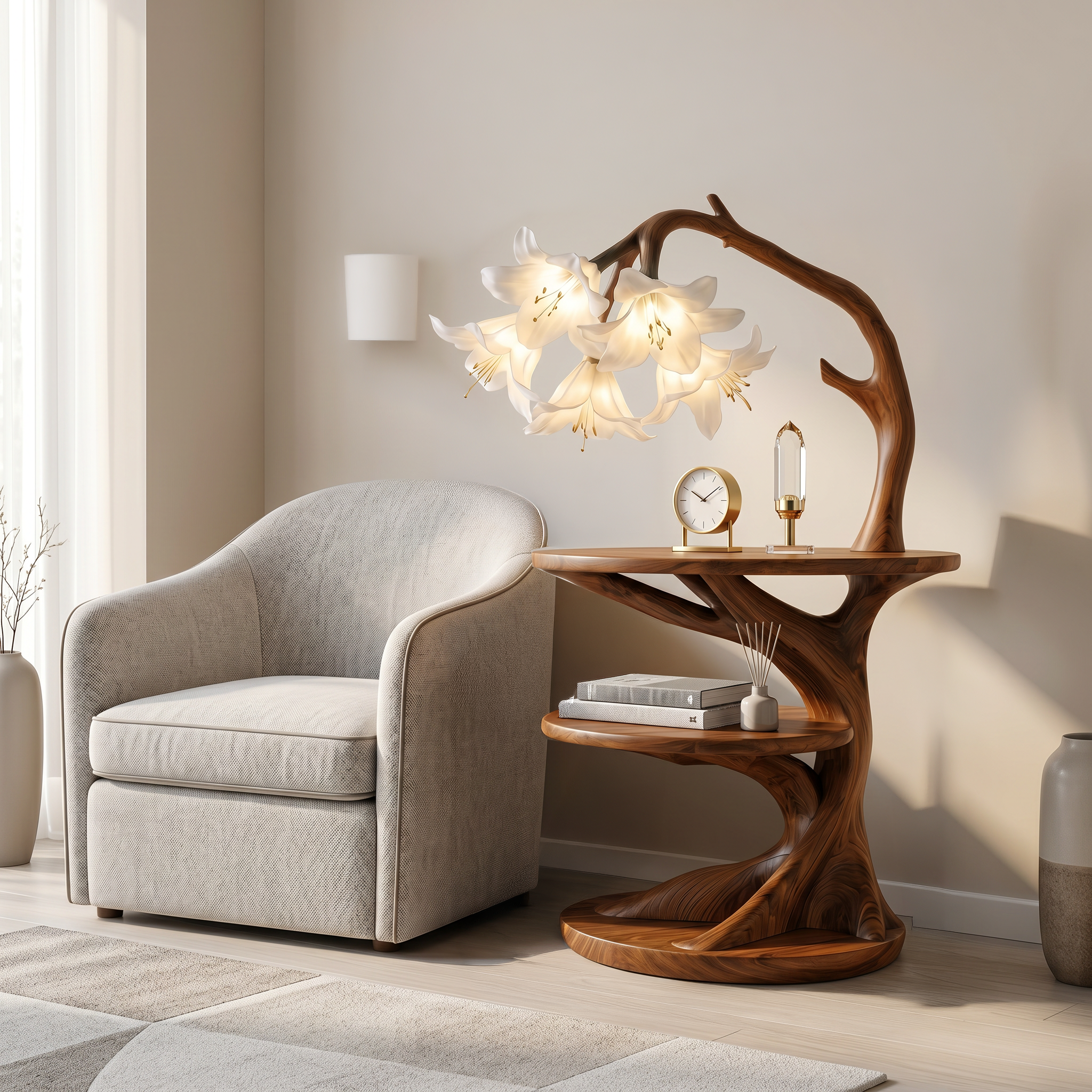 Rustic Side Table With Flower Shade Lamp For Bedroom And Living Room - view 6 of 8