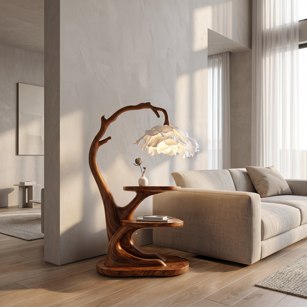 Organic Bedside Table With Sculptural Flower Lamp For Bedroom And Reading Nook - view 6 of 8