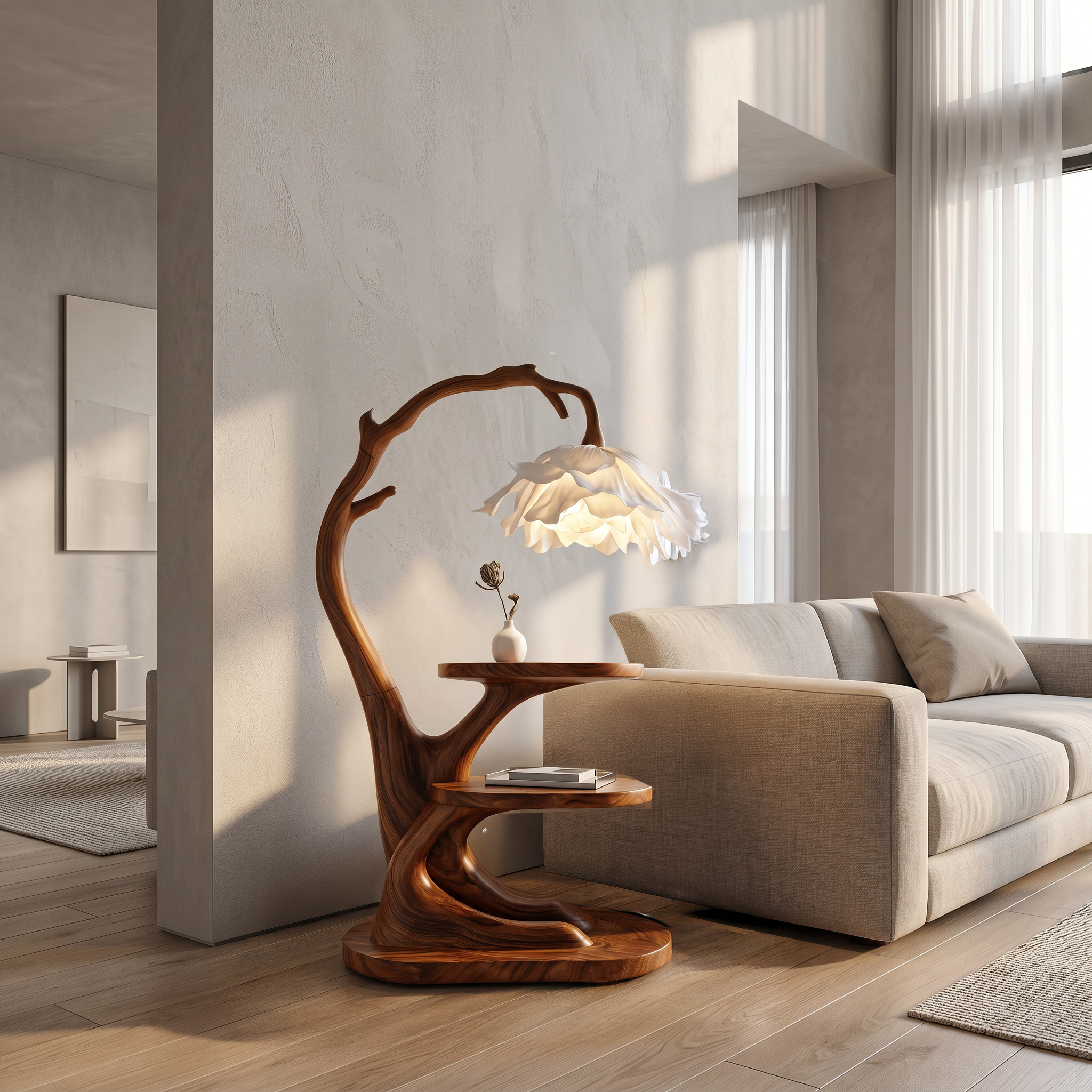 Organic Bedside Table With Sculptural Flower Lamp For Bedroom And Reading Nook - view 6 of 8