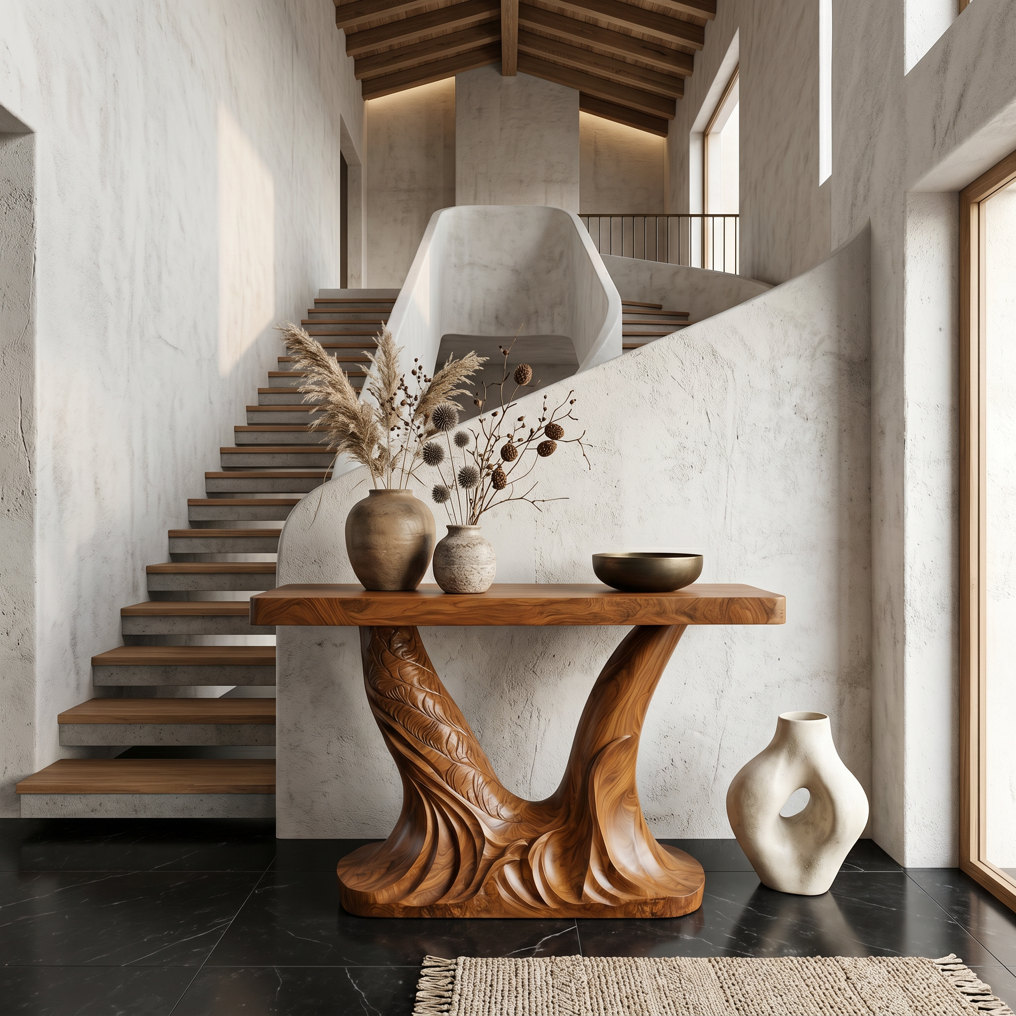 Organic Console Table With Sculptural Double Pedestal Base For Entryway - view 6 of 8